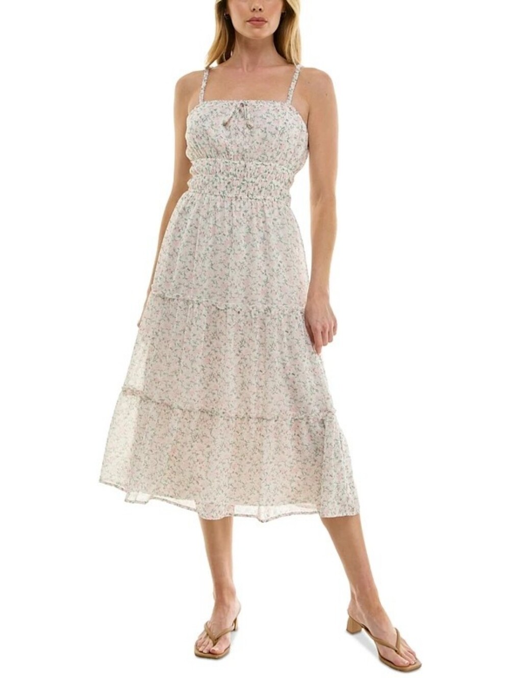 Trixxi White Floral Smocked Midi Dress with Pink & Green Accents